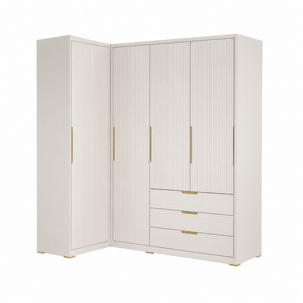 Eckkleiderschrank Weiß Spanplatte L-Form 4 Türen 3 Schubladen 180 x 200 x 90 cm