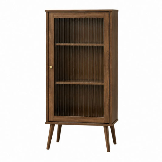Vitrine braun aus MDF mit Walnussfurnier und Riffelglas 80 x 40 x 180 cm