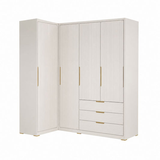 Eckkleiderschrank Weiß Spanplatte L-Form 4 Türen 3 Schubladen 180 x 200 x 90 cm