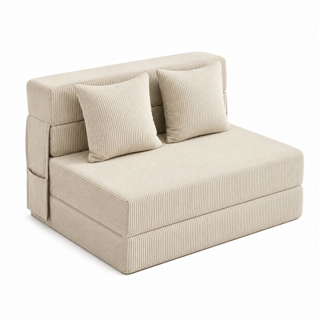 Breiter Lounge-Sessel Creme Polyester-Cord rechteckig mit 2 Rückenkissen 120 x 105 x 75 cm